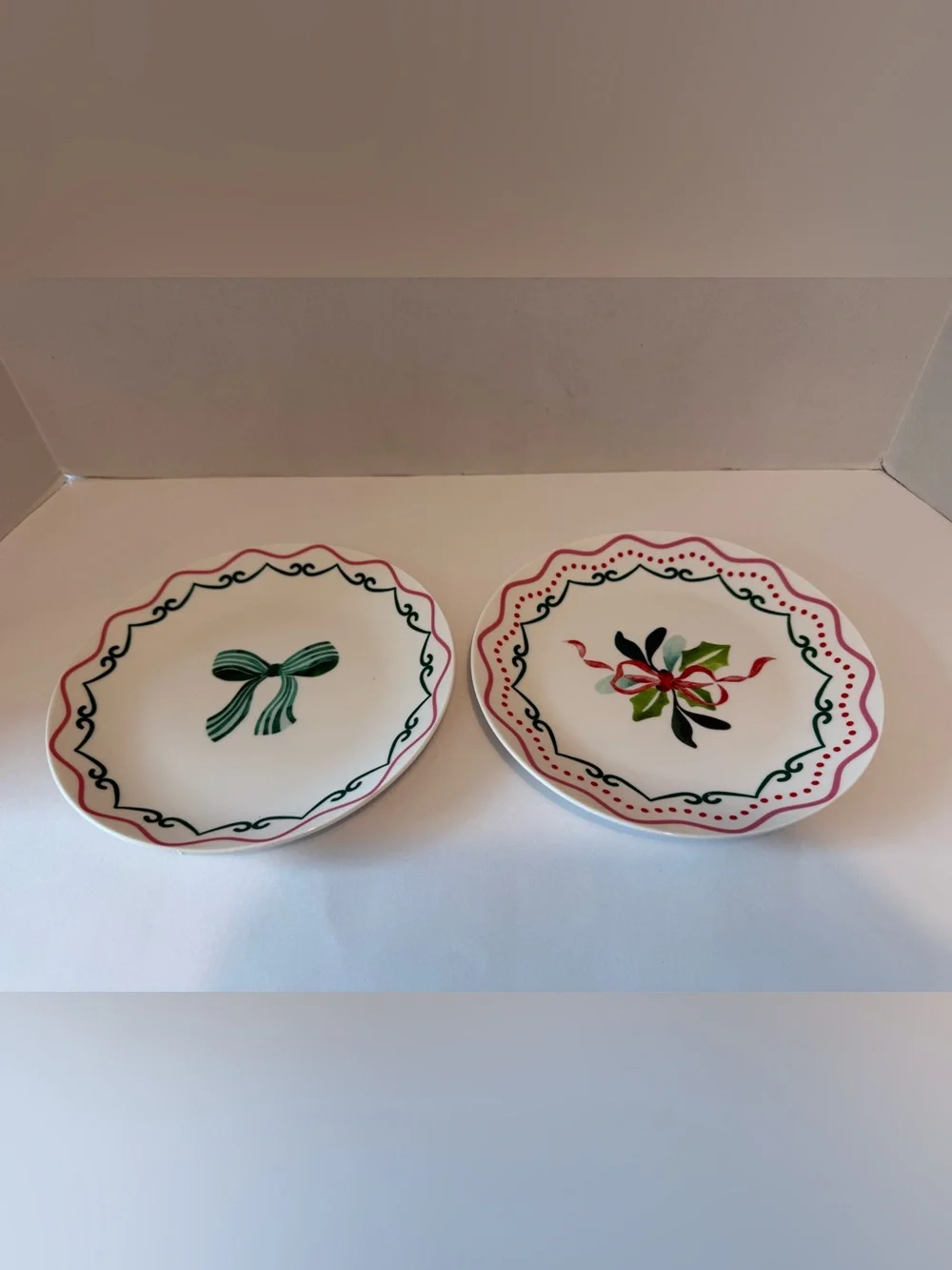 Harvest Green studio England bow green pink porcelain plates set of 2